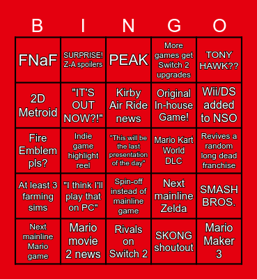 Nintendo Direct 12/9 Bingo Card