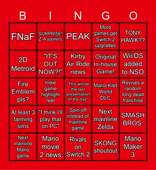 Nintendo Direct 12/9 Bingo Card