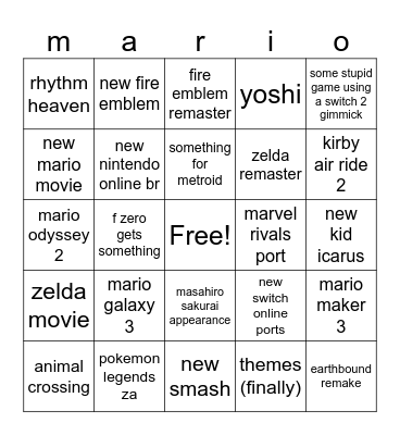 Nintendo Direct Bingo Card