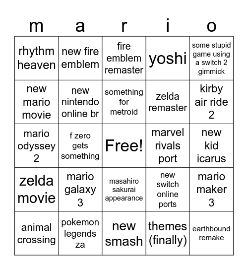 Nintendo Direct Bingo Card
