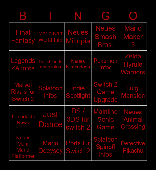Nintendo Direct Bingo Card