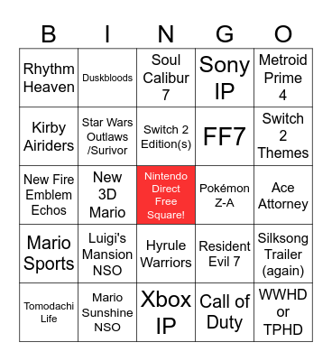 Nintendo Direct 9/12/25 Bingo Card