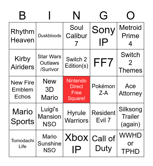 Nintendo Direct 9/12/25 Bingo Card