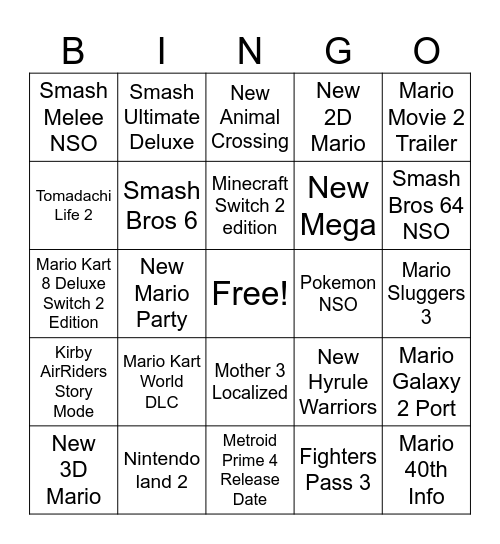 Nintendo Direct Bingo Card