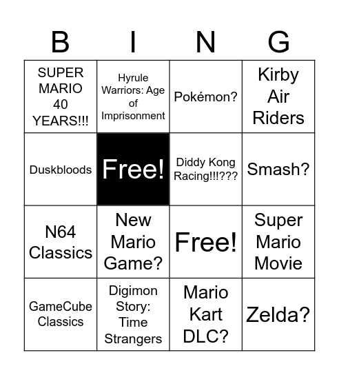 Nintendo Direct 12th of September 2025 Bingo Card