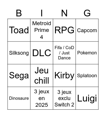 Nintendo Direct Bingo Card