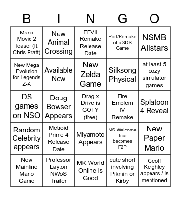 Nintendo Direct 09/12/25 Bingo Card
