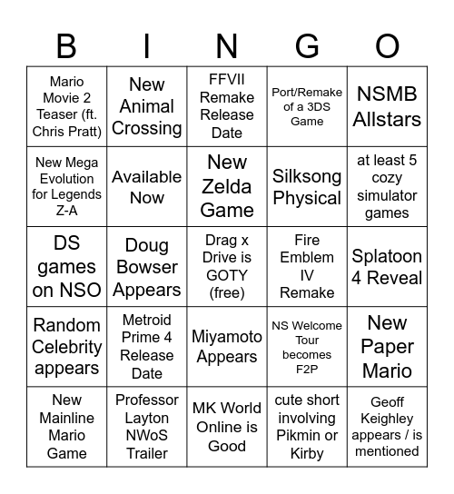 Nintendo Direct 09/12/25 Bingo Card