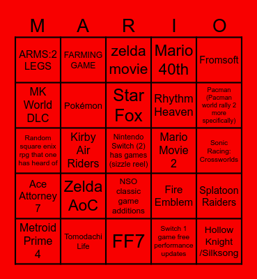 Nintendo Switch September Direct Bingo Card
