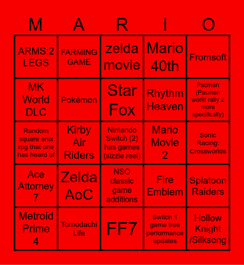 Nintendo Switch September Direct Bingo Card