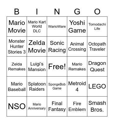 Nintendo Direct Bingo Card