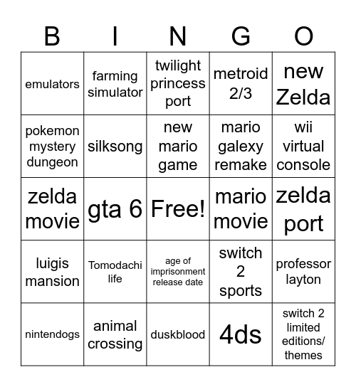 Nintendo Direct 12/09/25 Bingo Card