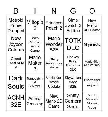 Nintendo Direct Bingo Card