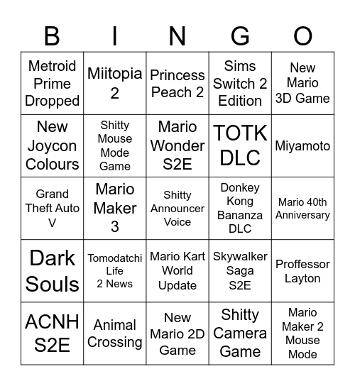Nintendo Direct Bingo Card