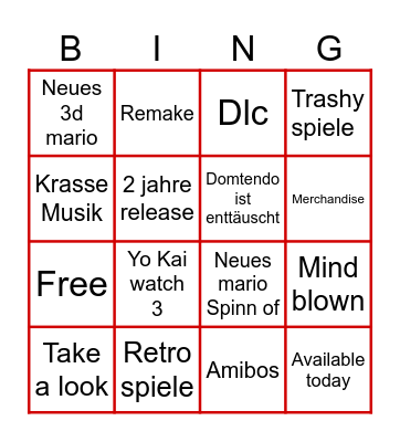 Nintendo direct bingo Card