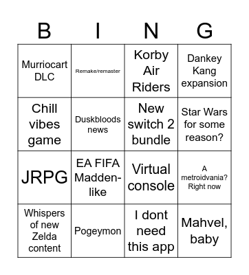 Nintondo Dirct Bingo Card