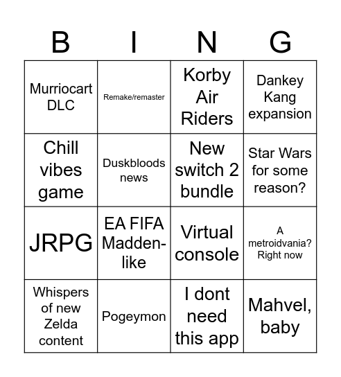 Nintondo Dirct Bingo Card