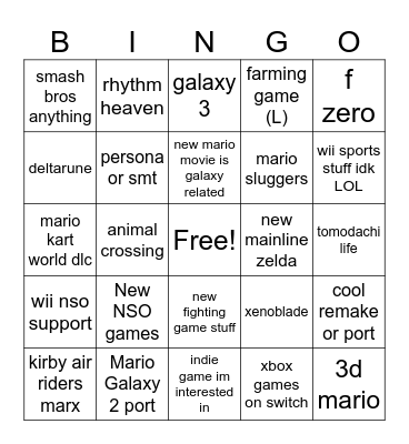 Nintendo Direct 9/12/25 Bingo Card