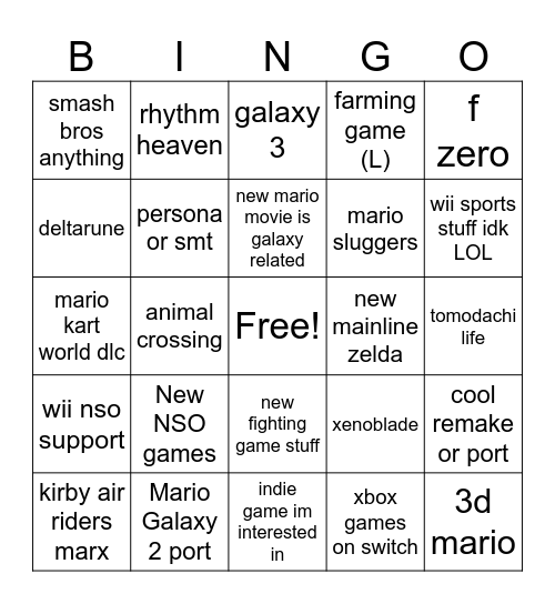 Nintendo Direct 9/12/25 Bingo Card