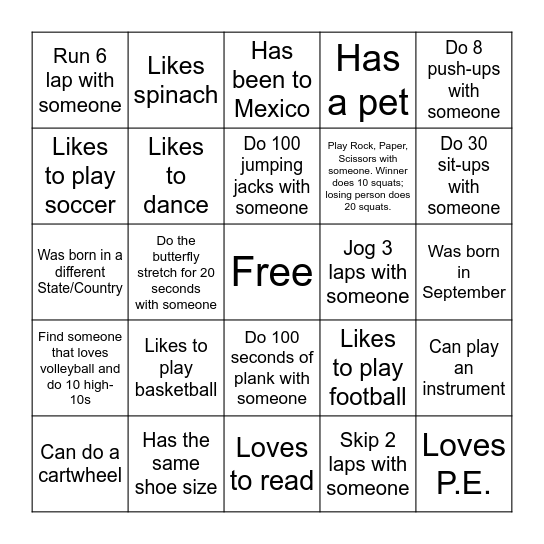 P.E. Cooperative Human Bingo Card