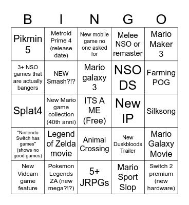 Nintendo Direct 9/12 Bingo Card