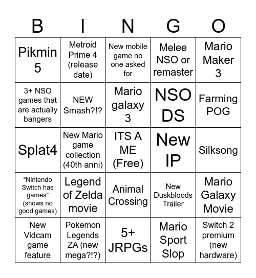 Nintendo Direct 9/12 Bingo Card
