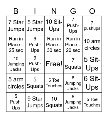 Fitness Bingo Card