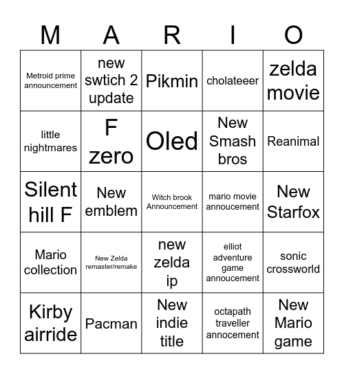 Nintendo direct Bingo Card
