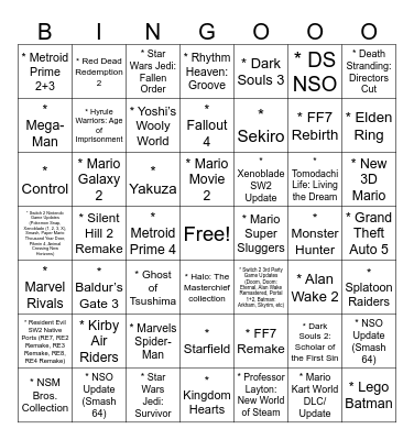 Nintendo Direct Bingo Card
