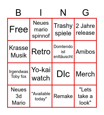 Nintendo direct bingo Card