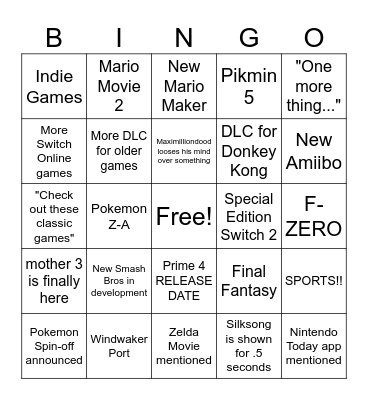 Nintendo Direct 9.12.2025 Bingo Card