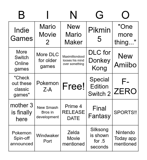 Nintendo Direct 9.12.2025 Bingo Card