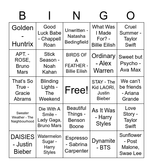 Music Bingo Card