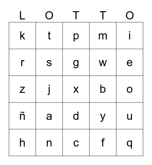 Spanish Alphabet Bingo Card