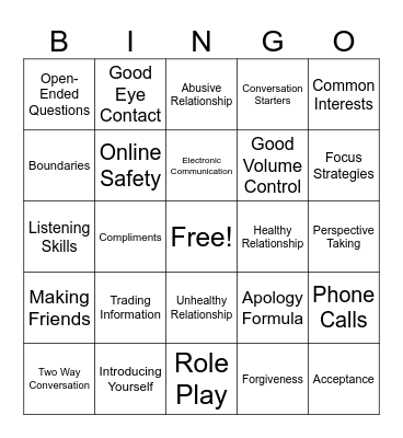 Social Skills Bingo Card