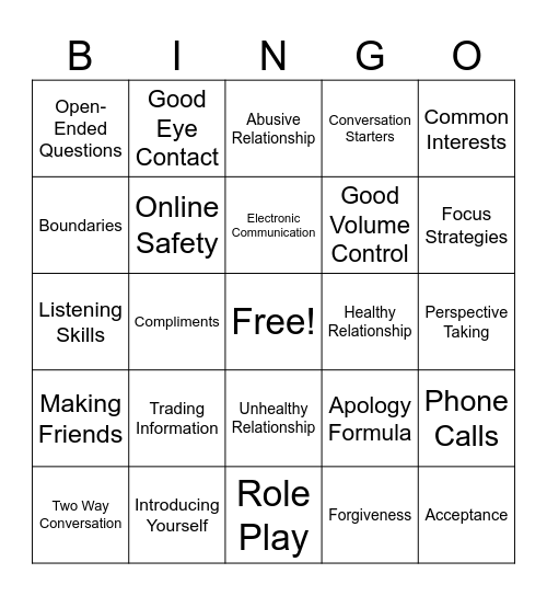 Social Skills Bingo Card