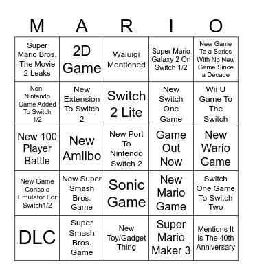 Nintendo Direct Bingo Card