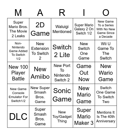 Nintendo Direct Bingo Card