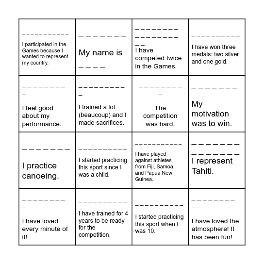 Answer the questions.Write the questions. Bingo Card