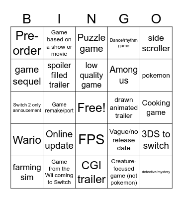 Nintendo Direct Sept 2025 Bingo Card