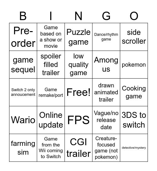 Nintendo Direct Sept 2025 Bingo Card
