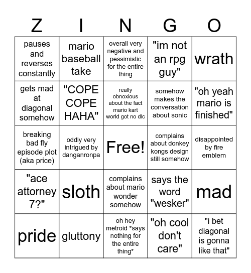 zay nintendo direct Bingo Card