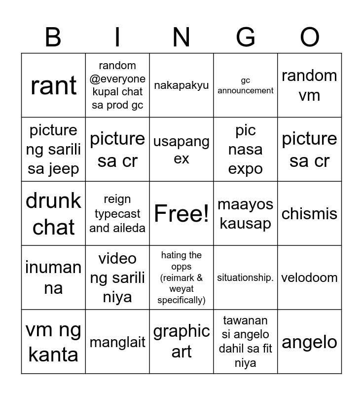 ANO SESEND NI KENS SA GC Bingo Card