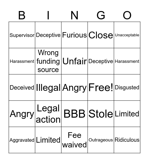 Complaint Words Bingo Card