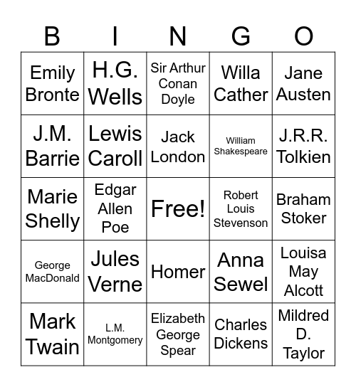 Classic Authors Bingo Card