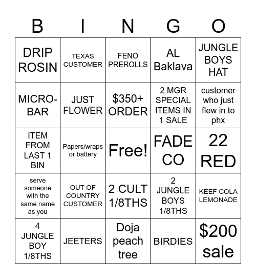 BUDTENDER BINGO Card