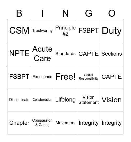 PT as a Profession Bingo Card