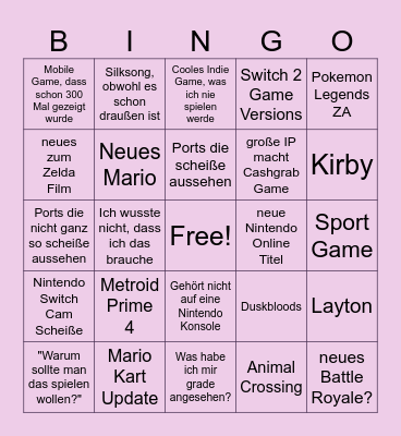 Nintendo Direct Bingo Card