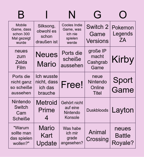 Nintendo Direct Bingo Card