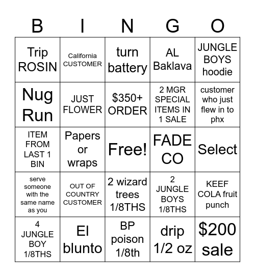 BUDTENDER BINGO Card